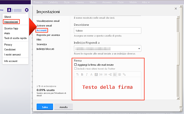 Yahoo Mail, aggiungere una firma alle mail