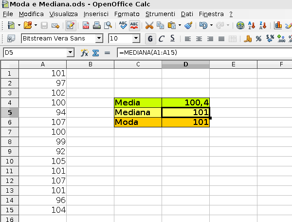 OpenOffice Calc, calcolare moda e mediana