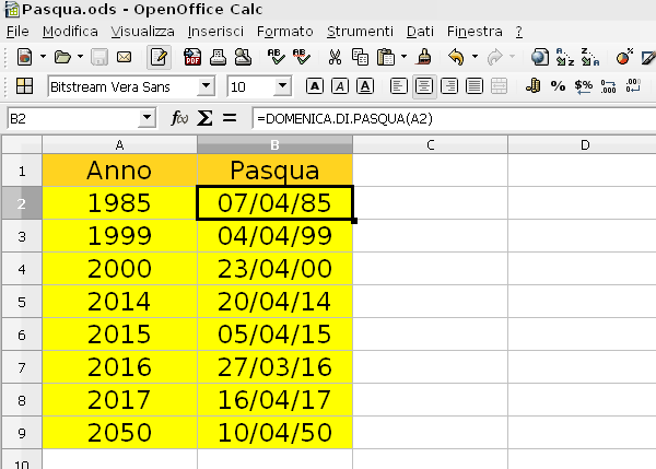 OpenOffice Calc, calcolare la data di Pasqua