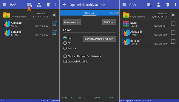 RAR per Android, creare un archivio rar