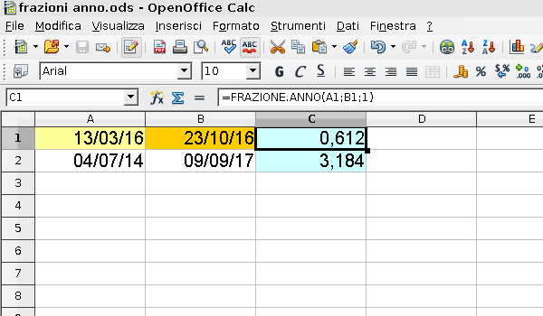 OpenOffice Calc, le frazioni di anno tra due date